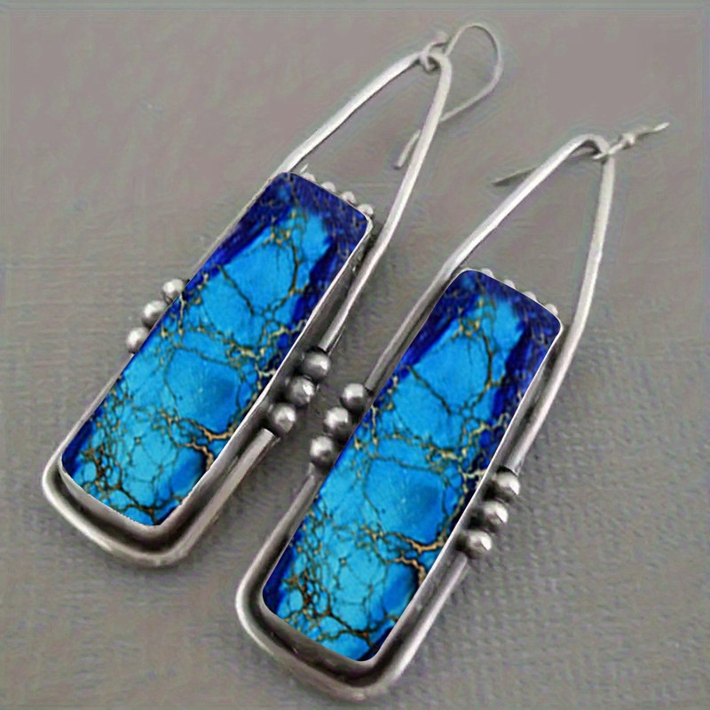 TEMU 2pcs Retro Bohemian Style Geometric Dangle Earrings With Colorful Pattern, Birthday Party Anniversary Gift