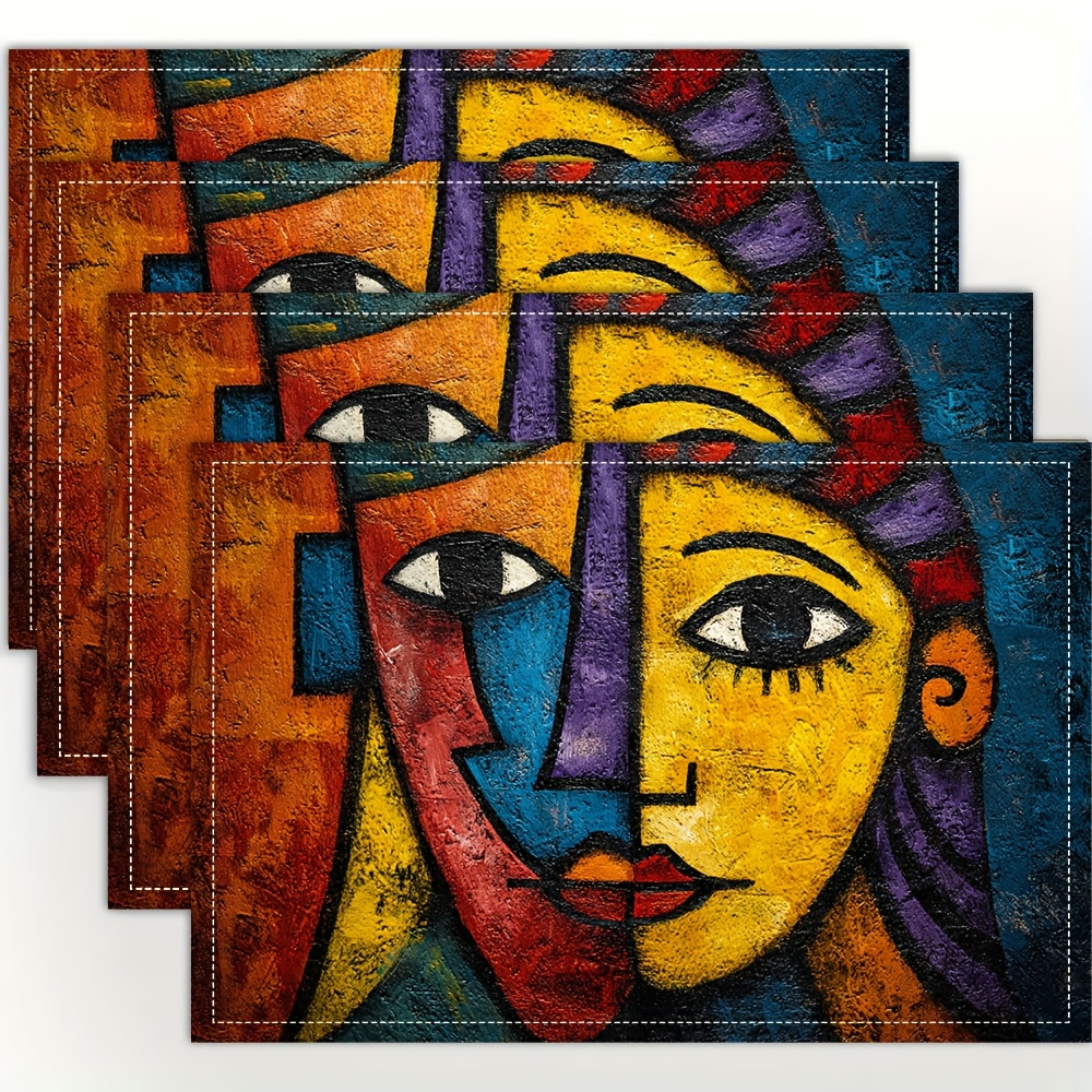 TEMU 4pcs Set Of Picasso-style Colorful Placemats, Fashionable Printed Pattern Table Mats, Suitable For Dining Tables, Kitchens, Parties, Indoor Use,