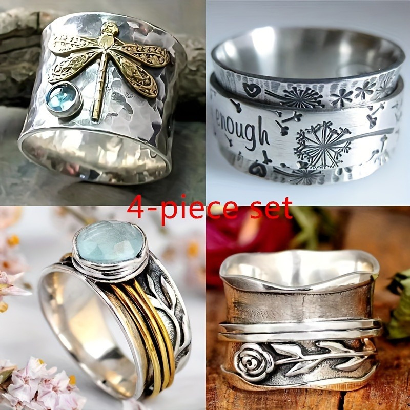 TEMU [] 4pcs/set Of Classic Exquisite Retro Pattern Rings, Luxurious And Fashionable Gentleman Rings - Gift For Women - Daily Wear Wedding Party