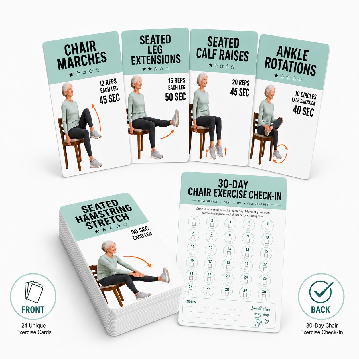 TEMU 24 Cartes d'Exercices sur Chaise pour Seniors, Cartes d'Entraînement et d'Étirements avec de Suivi de 30 Jours, Routine de Fitness à Domicile