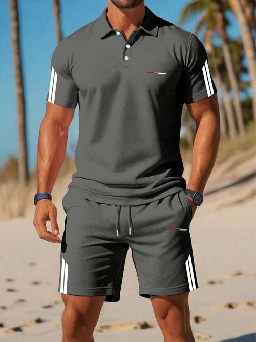 mens quick dry short sleeve lapel top and shorts 2pcs set for daily casual beach and sports