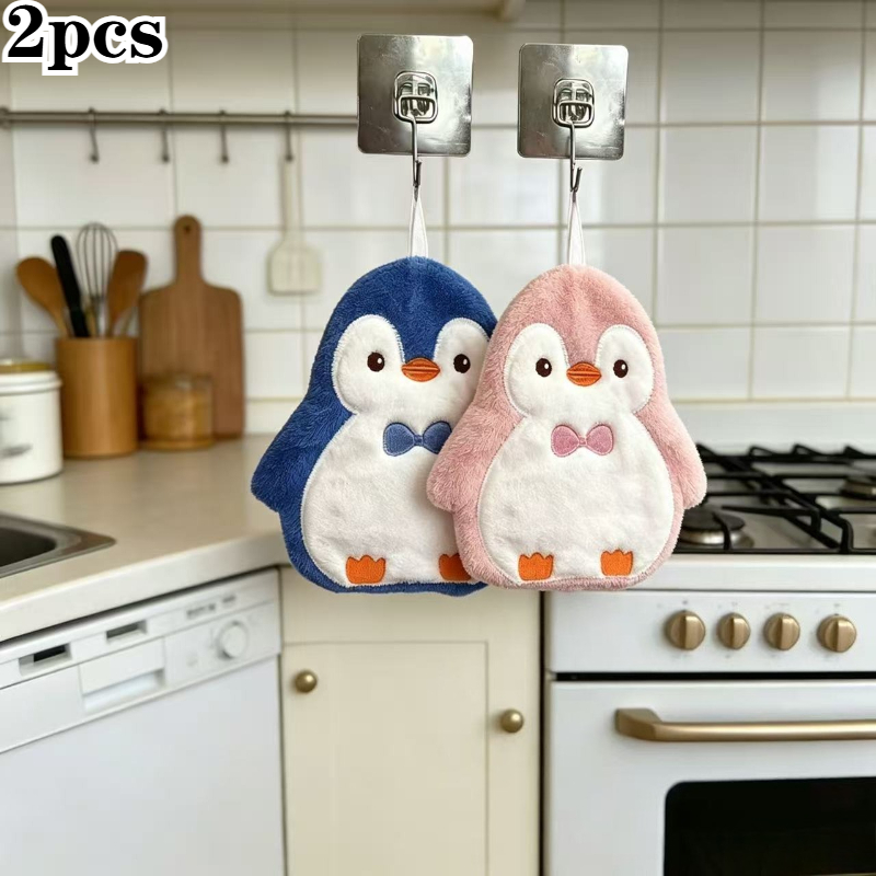 TEMU Lot de 2 serviettes mignonnes pingouins - Serviettes à main absorbantes à séchage rapide et peluchage avec adorable, en douce - Convient pour