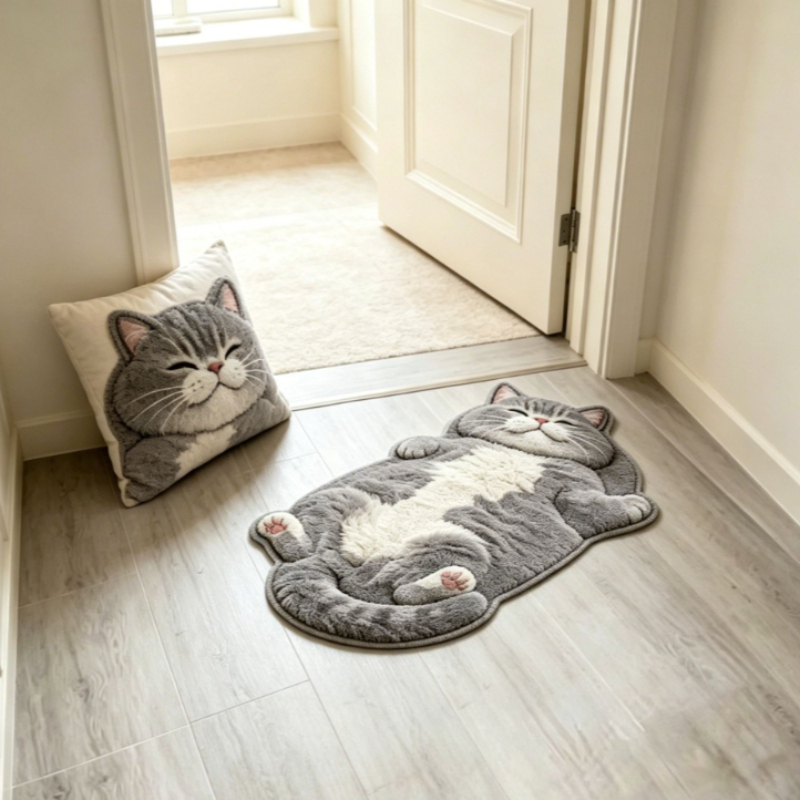 TEMU Faux Cashmere 900g 1pc 2d Flat Gray Cat Creative Irregular Living Room Bay Window Carpet Cartoon Cute Bedroom Decoration Bedside Rug Atmosphere