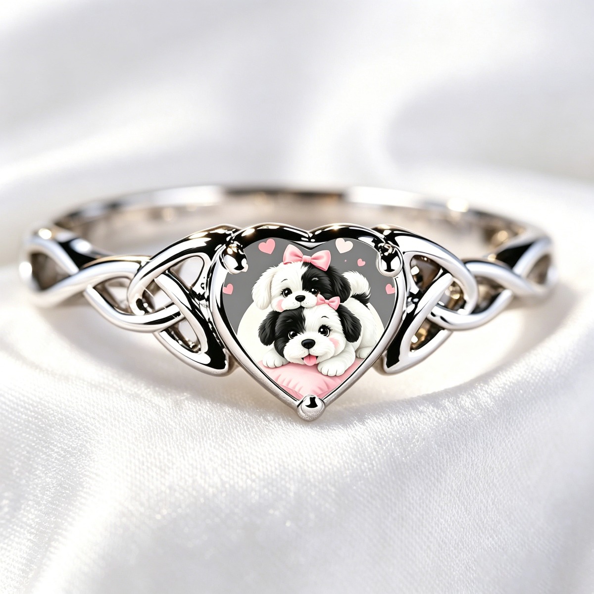 Heart-Shaped Twin Puppies Ring, Celtic Infinity Knot Design
