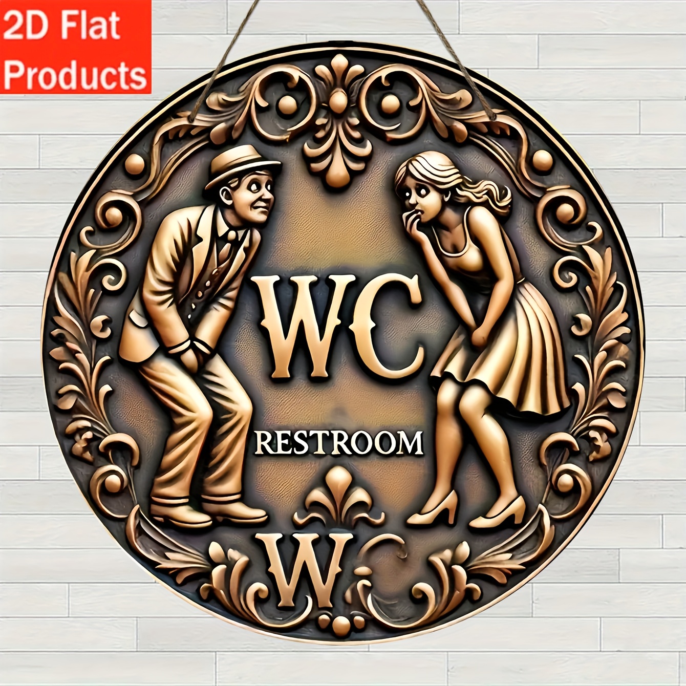TEMU 2d Flat - Decorative Plaque And Ornaments, 1pc Retro Round Wooden Toilet Sign, Wall Decor, Easy To Hang, Made Of Wood, Suitable For Home