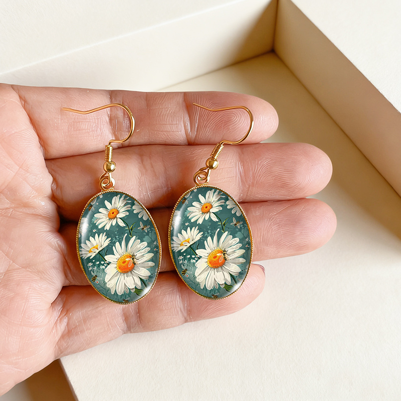 Forest Style Daisy And Bee Illustration Dangle Earrings