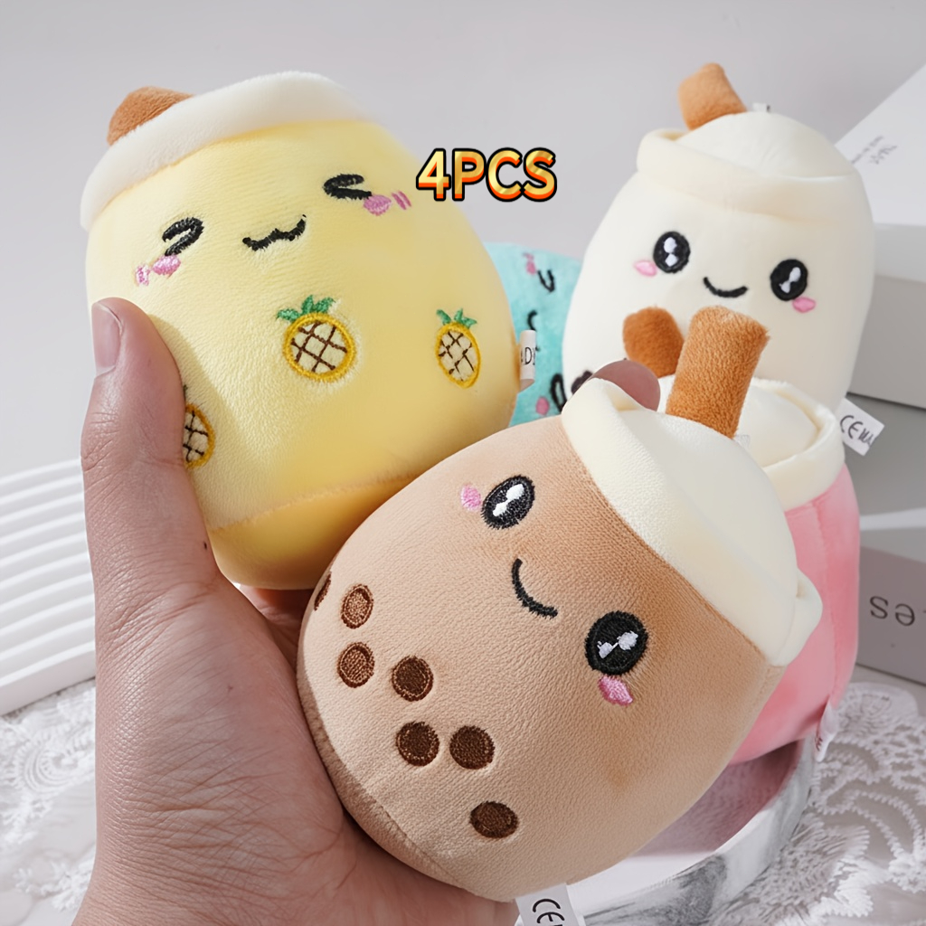 TEMU 4pcs Milk Tea-shaped Plush Toy Set- Soft And Chewable Stuffed Toys Featuring Cute Cats With Decorative Fruits And Pearls, Ideal For Interactive