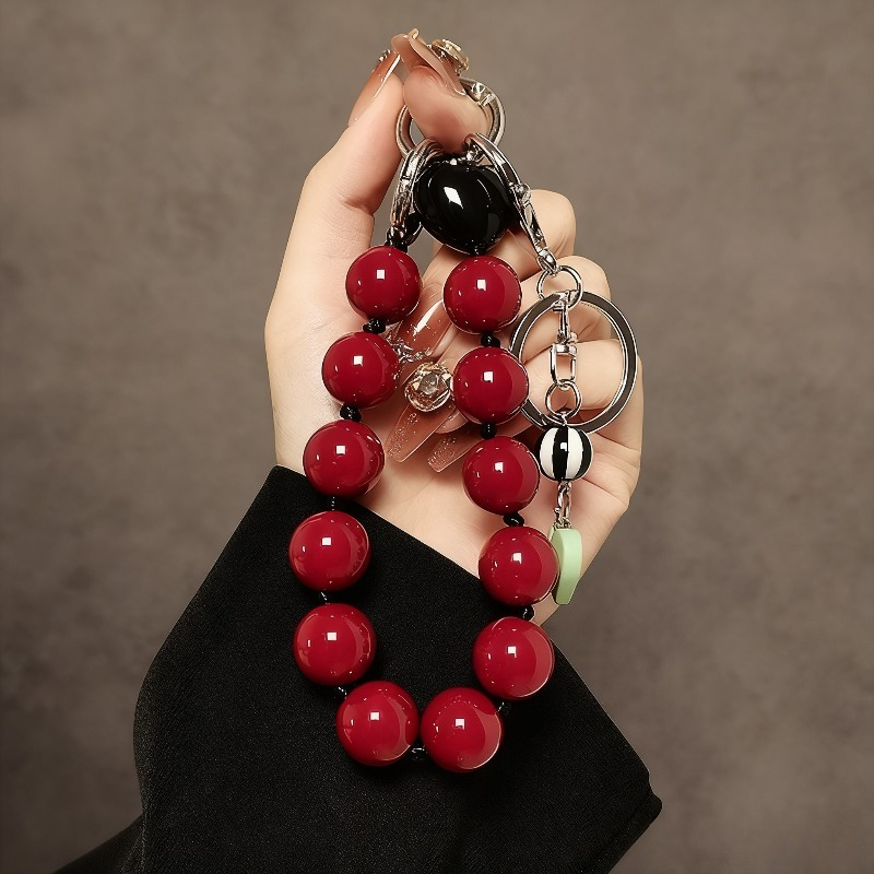 Creative Red Handmade Beaded Wristlet Strap, Short Lanyard For Phone Cases, Car Keychains, And Bag Charms