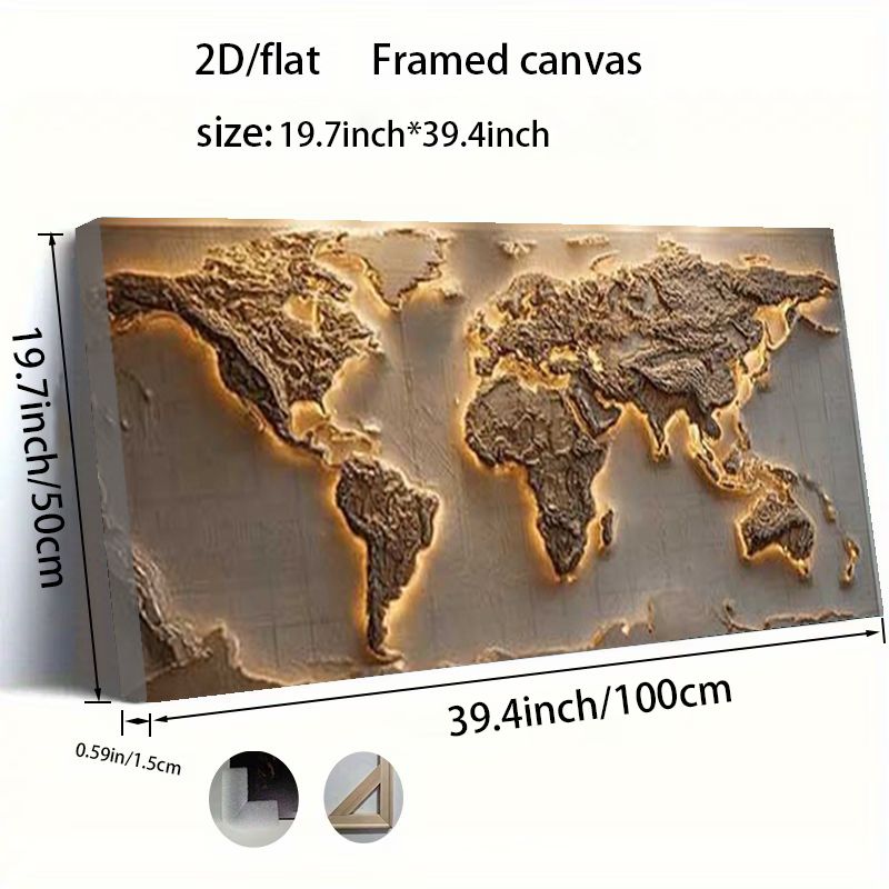 TEMU 2d Flat, 2d Flat, Flat/2d, 1pc Including Wooden Framed Canvas Painting, World Map Light Effect, Large Size Wraparound Wall Hanging, High-quality