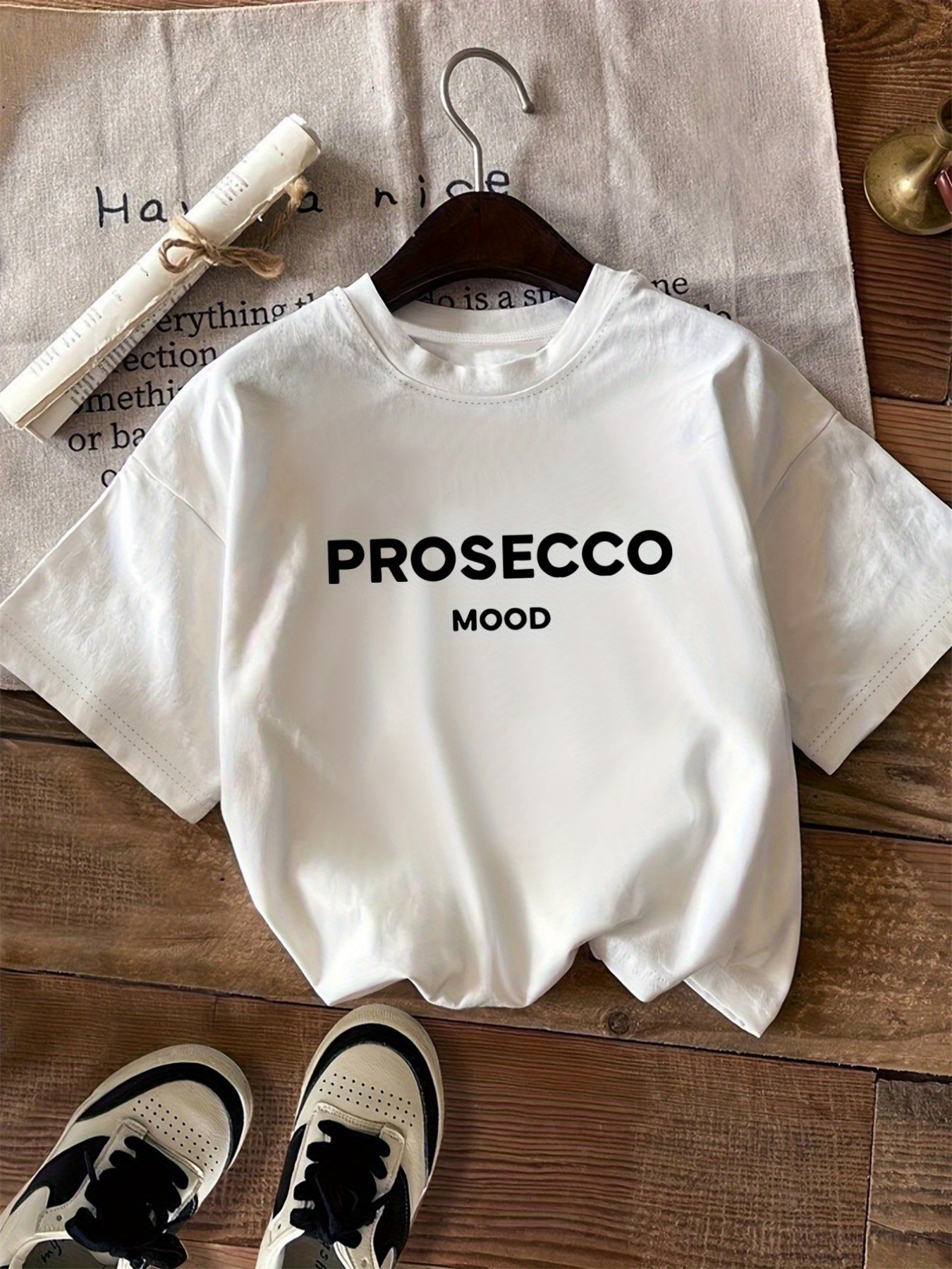 Letter print t-shirt, short sleeve crew neck casual top, Women's clothing