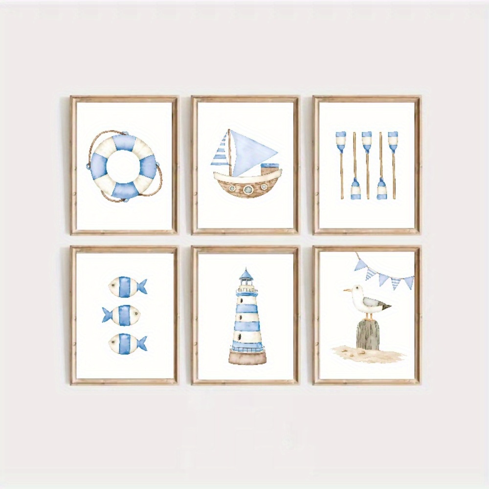 TEMU 2d Flat, 2d Flat, Set Of 6 Unframed Canvas Posters Featuring 2d Flat Designs Of A Sailboat, Lighthouse, And Fish, Perfect For Nautical-themed