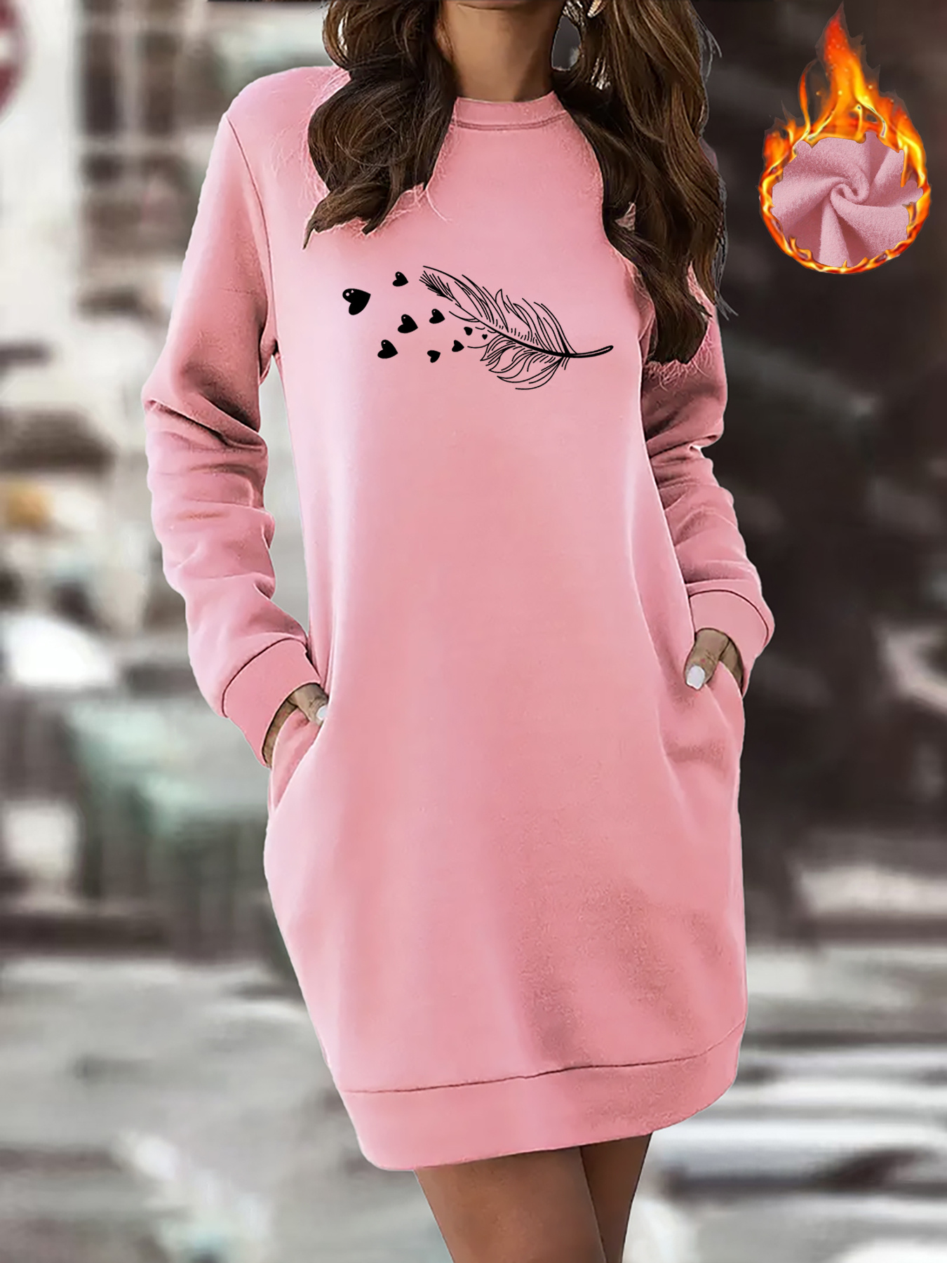 womens cozy fleece lined long sleeve dress heart print side - Temu Mauritius