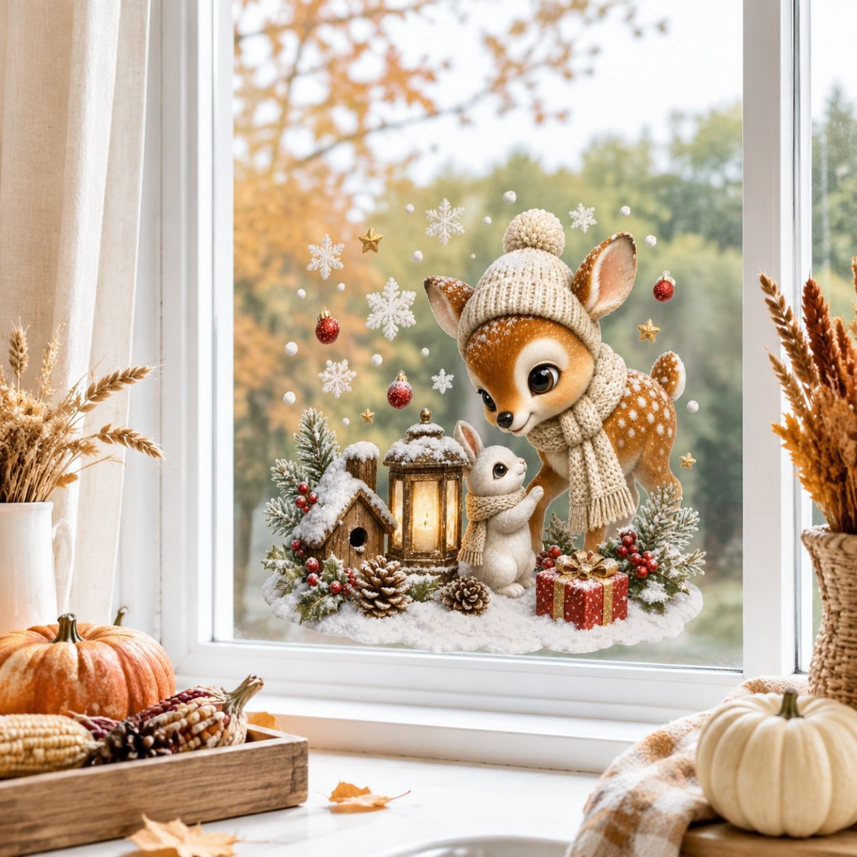 TEMU Kerst Realisme Kerstscène Rendier En Kleine Konijn Raamdecoratie Verwijderbare Woonkamer Slaapkamer Raamdecoratie 2D Platte Decoratie Sticker