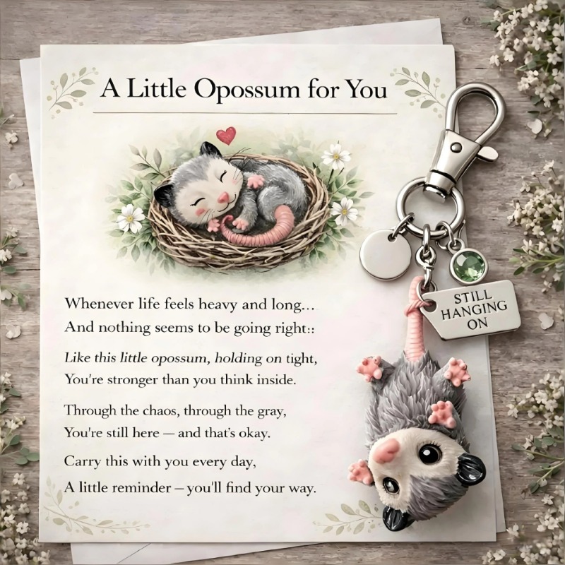 TEMU Cute Little Opossum Keychain With Greeting Card Set - Creative Gift Pendant For , Christmas Gifts