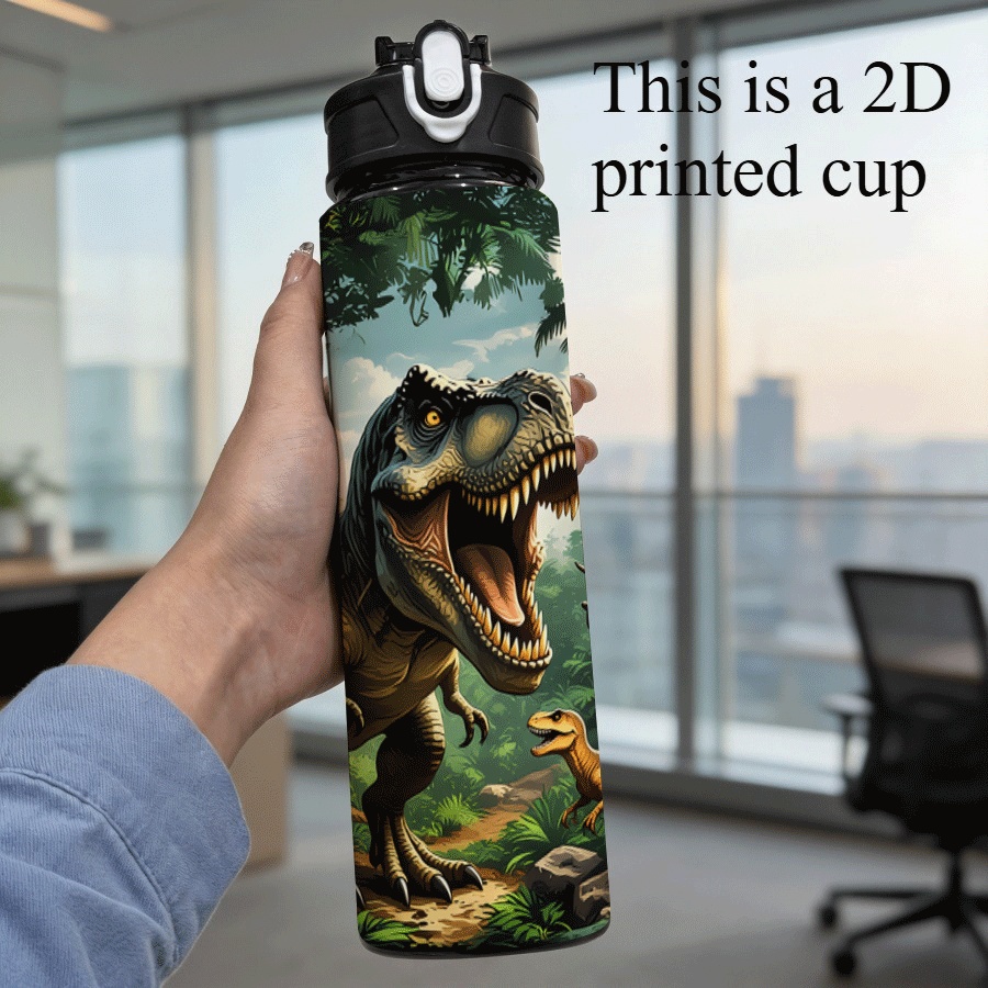 TEMU 1pc 25oz/ 750ml 2d Printed Water Bottle With Lid And Straw Travel Drinking Cup Various Dinosaurs Roam A Prehistoric Jungle, Roaring 1 Stands Out