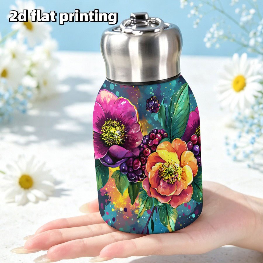 TEMU This Is A 2d Printed Steel Water Cup, 10 Oz/300 Ml Mini Double-layer Vacuum Cup For Hot And Cold Drinks. Vibrant Flowers And Dark Sit Against