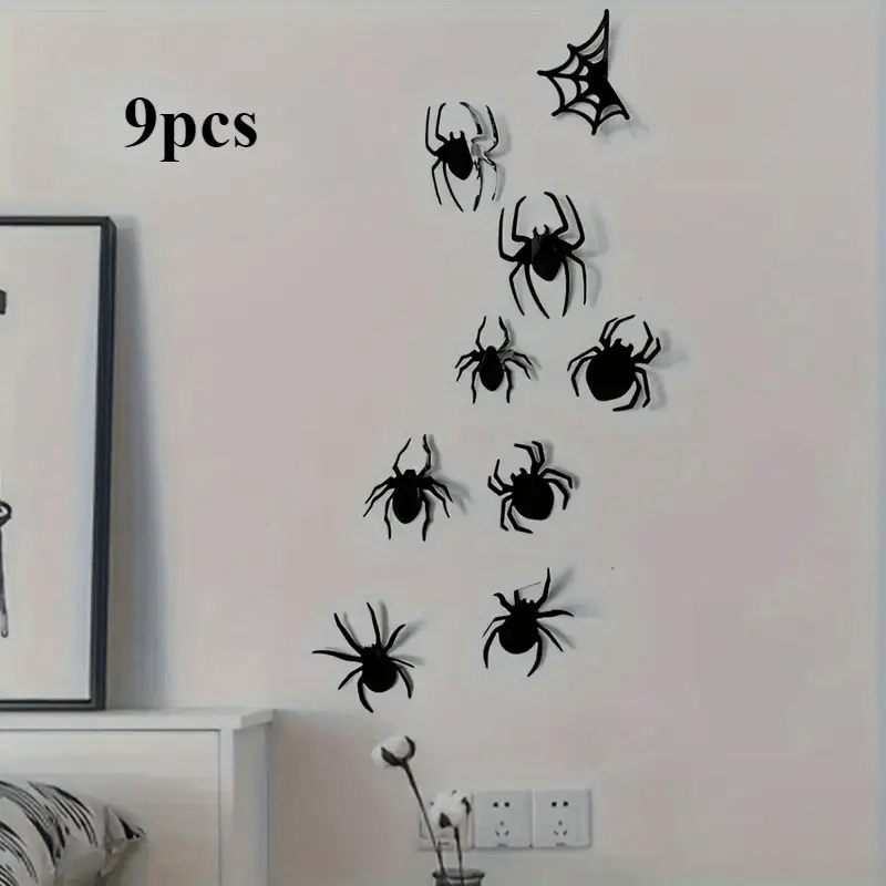 Set Of 9 Halloween 3d Wall Stickers, Featuring Realistic Black Decals Made Of Pvc, Perfect For Home Decor, Bathroom , And Halloween Party Decorations