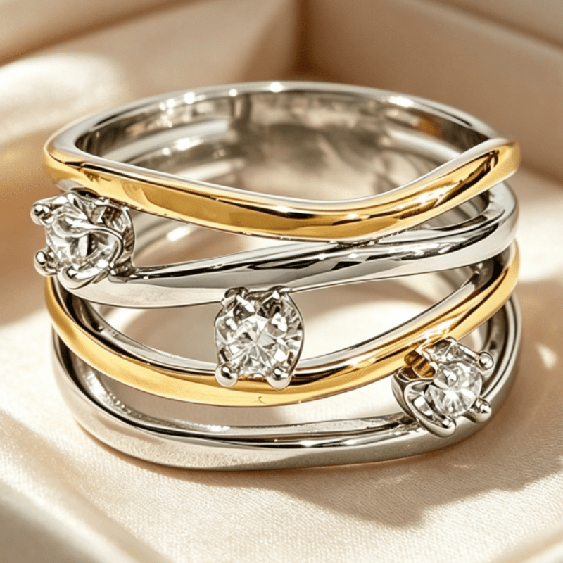 Exquisite Bicolor Multi-Layer Wide Zirconia Ring, Unisex