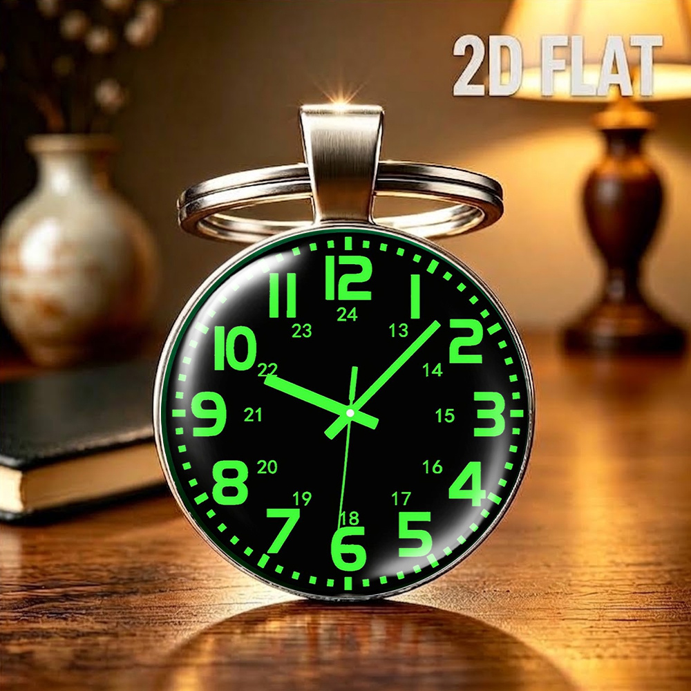 TEMU 2d Flat, 2d Flat - Luminous Pointer Clock Fashion Keychain, Key Ring, Pendant Charm, Classic Vintage Trend, Anniversary Gift, Unisex, Fun Gift