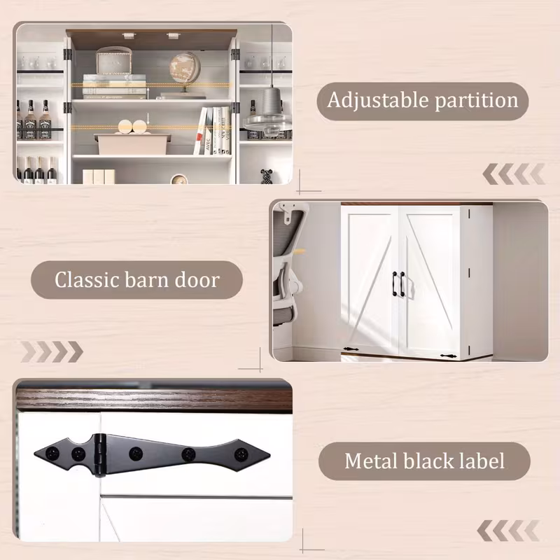 75" Freestanding Kitchen Pantry Storage Cabinet with 4 Barn Doors & Adjustable Shelves