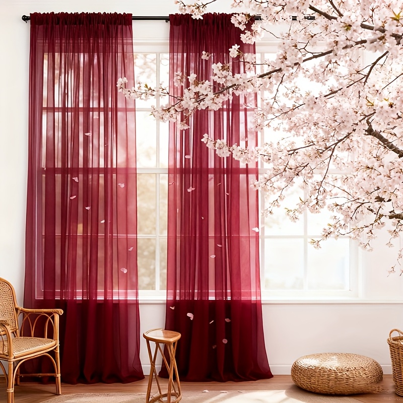 TEMU 2pcs Burgundy Rod-pocket Mesh Curtains, Lightweight Breathable Non-wrinkle Flowing Semi-sheer Drapes, Decorative Curtains, Suitable For Wedding