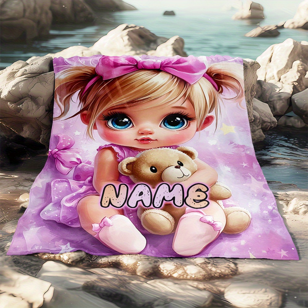 Customized ID Pink Cute Girl and Teddy Bear Flannel Blanket