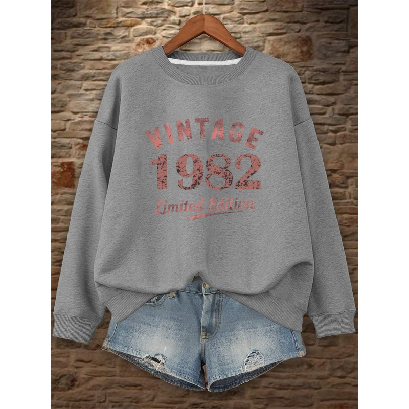 

1pc Sweatshirt vintage 1982 - Pullover en polyester à col rond décontracté pour femme pour /hiver