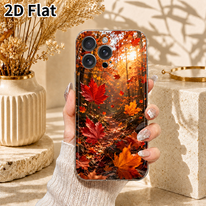 TEMU Phone Case - 2d Flat Maple Falling Leaves Forest Path Printed Pattern Phone Case Suitable For Iphone 17 16 15 14 13 12 11 Pro Xs Xr Xsmax 7 8 6