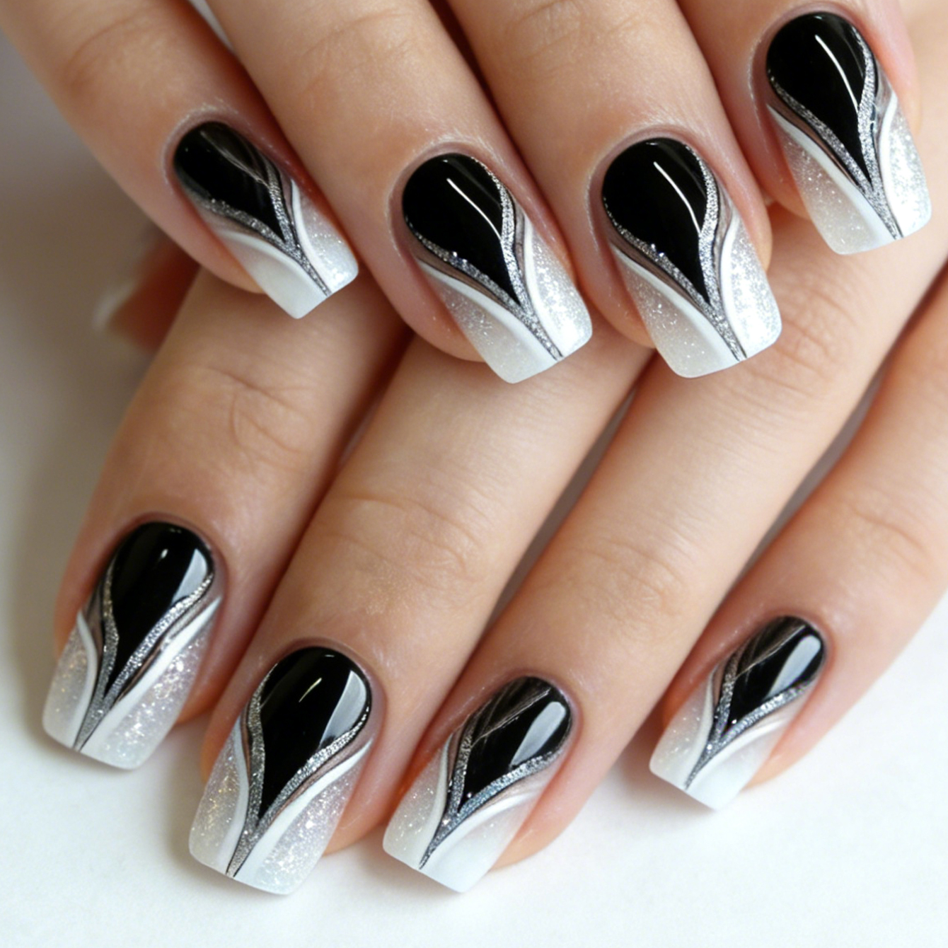 TEMU Tu Belleza 24pcs Estilo Chino Elegante Cool Plateado a Rayas Polvo Leche Degradado Bordeado Iluminador Uñas Postizas de Moda y Portátiles