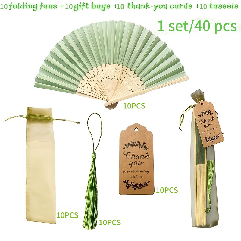 TEMU 40pcs Fabric Handheld Folding Fans With Thank You Card Tassels, Bag Included, Green Wedding Hand , Green Folding Handheld Fan, Foldable Makeup