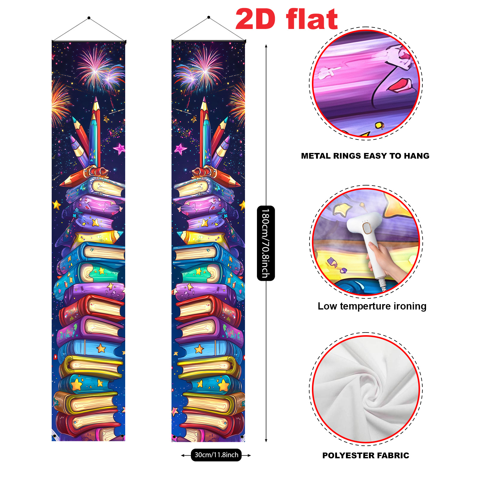 TEMU 2D Plat - 2D Plat - 2-Pack 2D Plat Banner | Polyester Feestbanner 11.8* inch, Boek Thema Decoratie Welkom Deur Schilderij met Potlood en
