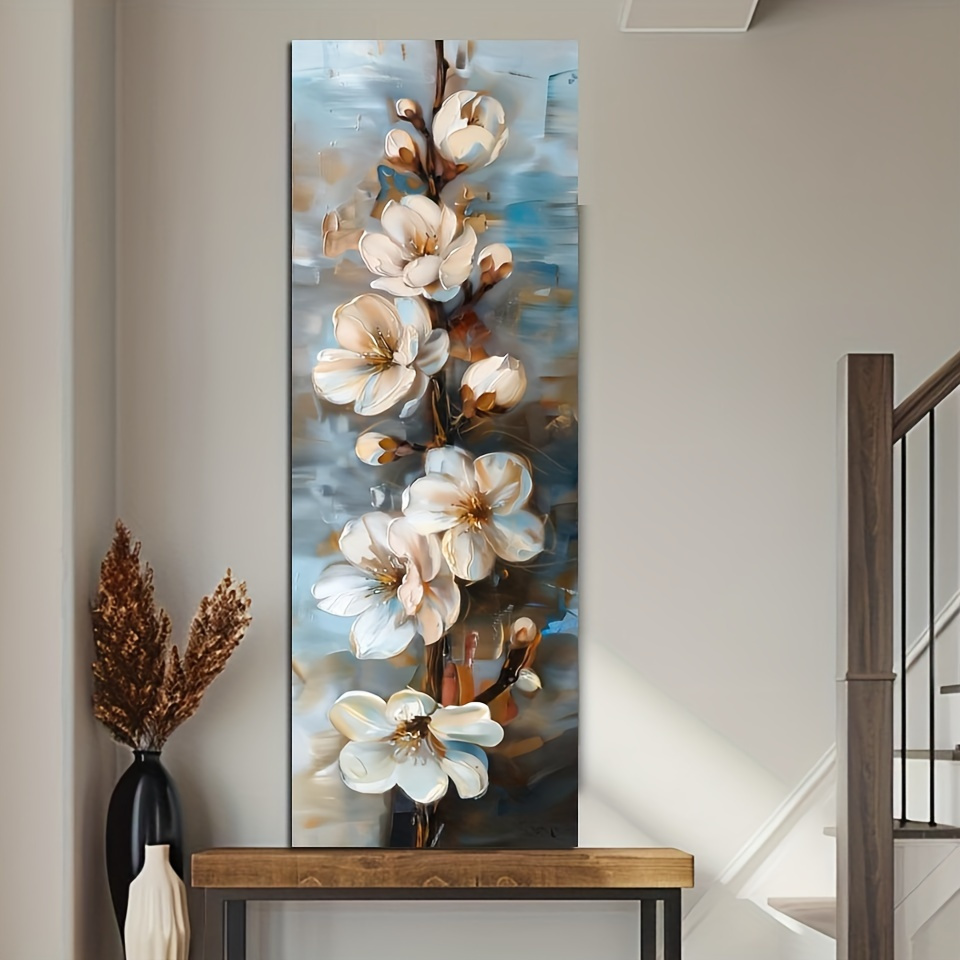 

White Flowers & Tree Branch Acrylic Painting Kit, 30x90cm Round Diamond Embroidery Art, Long Narrow Home Decor Wall Art, Material