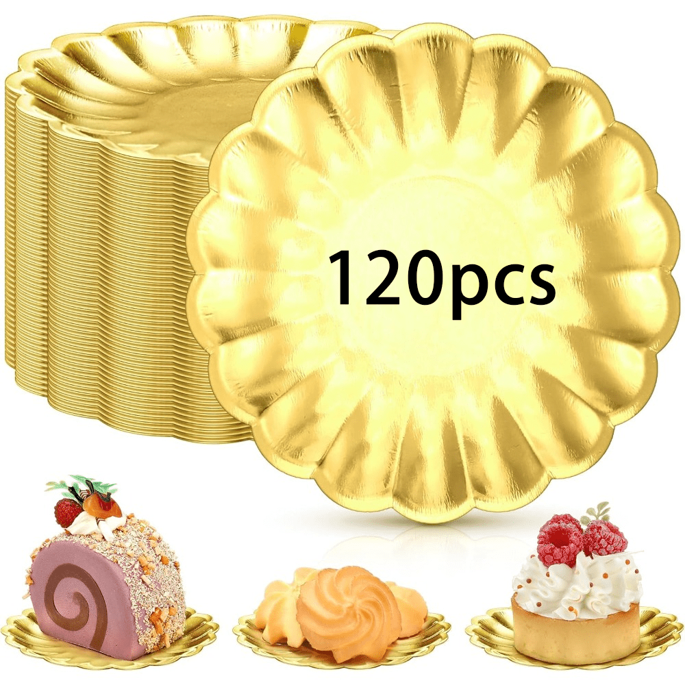 TEMU 120 mini assiettes à dessert en papier, élégantes assiettes à cupcakes à bordure festonnée dorée, petits supports à gâteaux légers et robustes