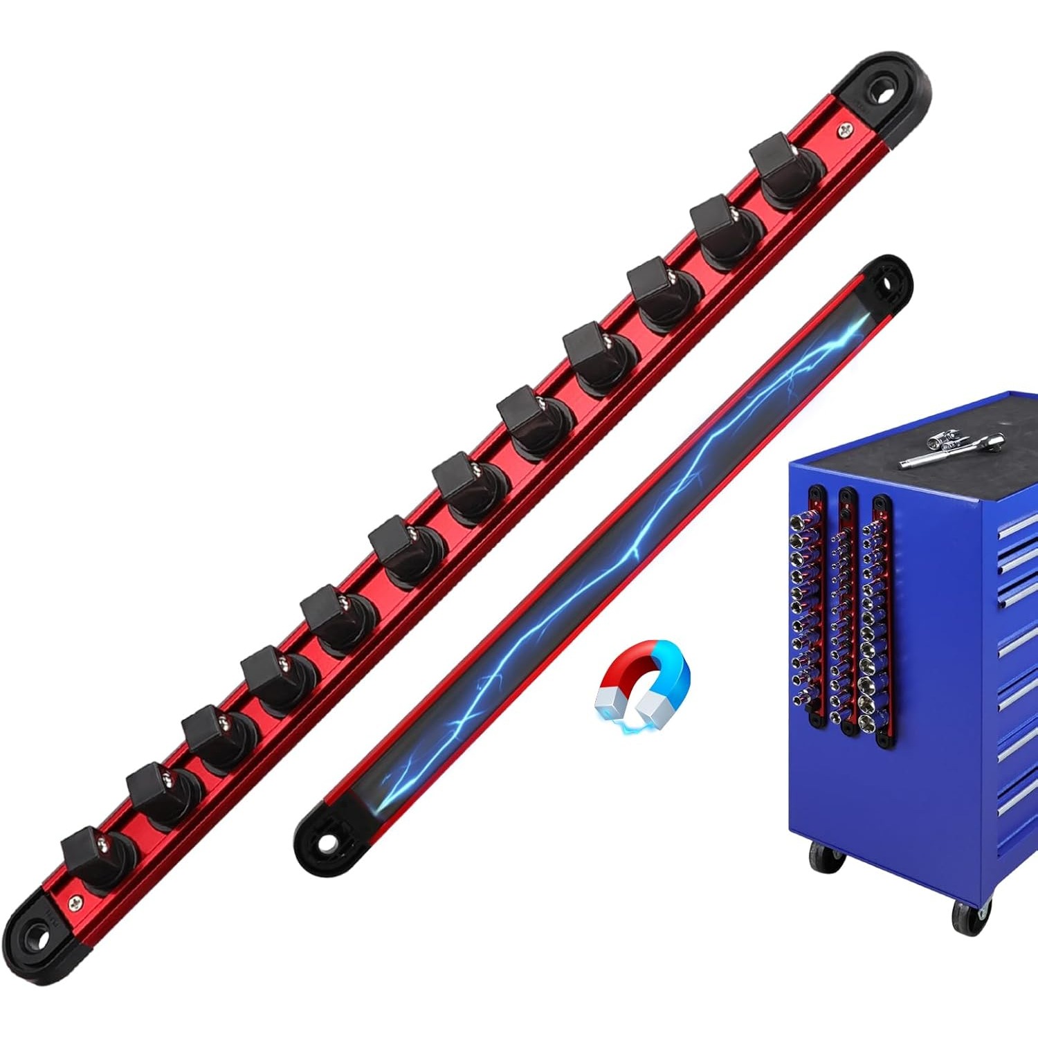 TEMU 1/2-inch Magnetic Socket Organizer Rail, Aluminum Alloy Socket Rail, Heavy Duty Sockets Holder With 12 Clips, Clip Tool Tray, Sockets Organizer