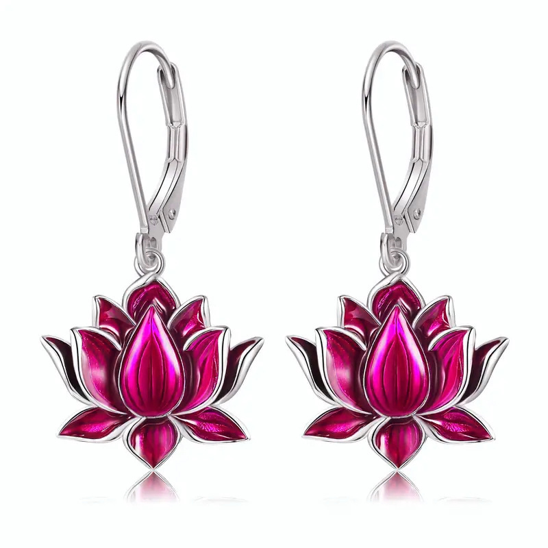 Image of 1-pair Readkiss Women' Vintage Enamel For Lotus Flower Drop Earrings - Elegant K-gloss-coated For Lotus Earrings Suitable For Daily Wear & Banquets, Retro Dangle Jewelry
