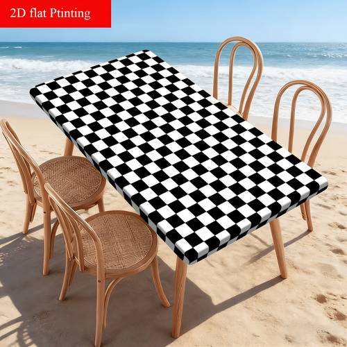 item picture 1pc black white chess tablecloth elastic edges washable suitable for camping picnics garden parties rectangular table cover with chess grid for outdoor dining kitchen themed events durable table cover stretch