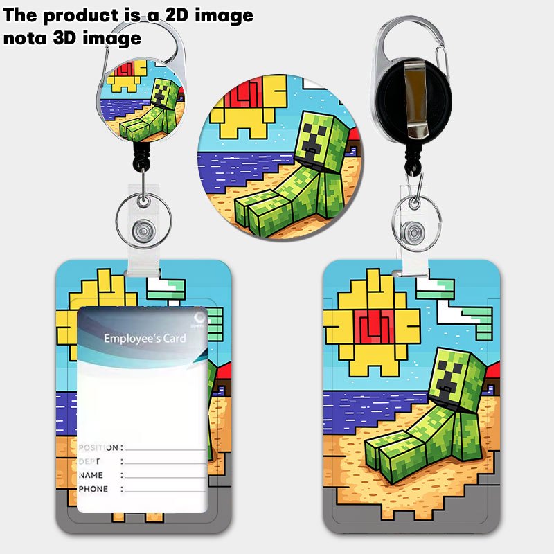 TEMU 2d Flat Pixel Style Creeper Casual Beach Scene Printed Pattern Holder Set With Pull-tab Retractable Lanyard And Keychain, Durable Plastic Card