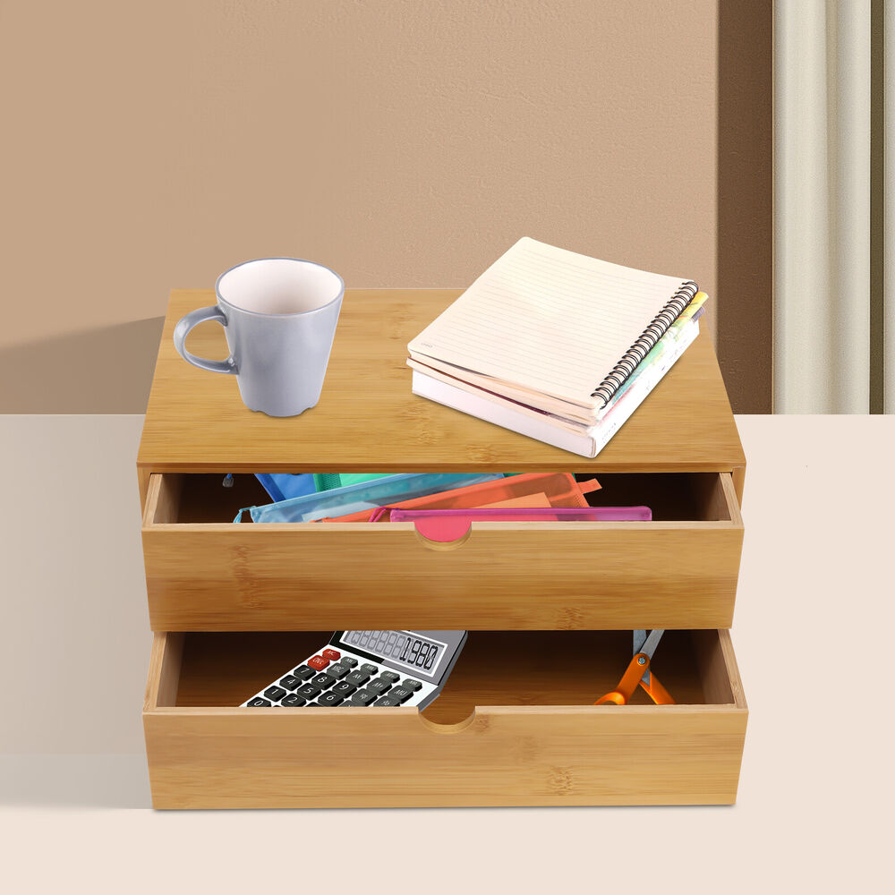 Image of Bamboo Desktop Organizer Drawer & Tabletop Storage Box For Office Supplies, Stationery & Small Essentials