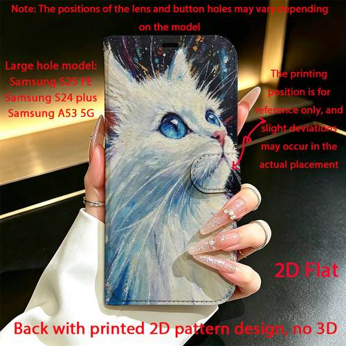 item picture Phone Case - 2D Flat, Starry Blue Cat Pattern Flip-Style Phone Case with Card Slot, Foldable And Stand, Suitable for Galaxy S26 S25 S24 S23 S22 S20FE A56 A54 A53 A52 A36 A35 A34 A32 A26 A25 Faux Leather Design