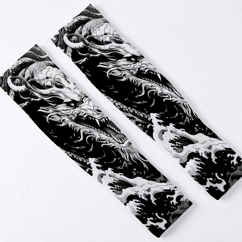 TEMU 1pair Unisex Ice Sleeve Arm Covers Black And White Dragon Pattern Suitable For Running Fishing Riding Sports Arm Sleeves With Thumb Hole Design