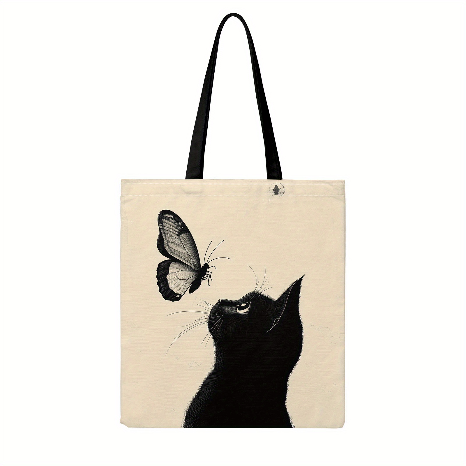 Image of 1pc Black Cat & Print Tote Bag - Large Reusable Shopping Bag With Sturdy Handles, Soft Durable Fabric For Women's Casual Use, Outdoor Activities & Daily , Reusable Shopping Bags