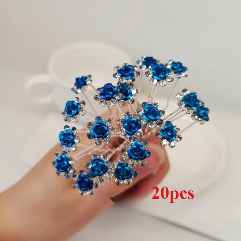 E-shop 20er Set, U-förmige blaue Rosen Haarverzierungen für Damen, Strass Rosen Braut Haarspangen, geflochtenes Haar, gabelige Haarnadeln, einfache und