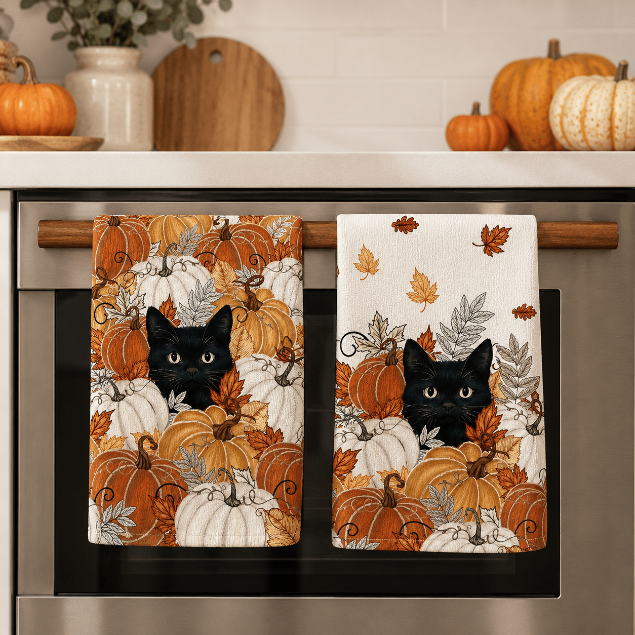 TEMU 2-pack Black Cat Pumpkin Maple Leaf Pattern Kitchen Towels, Scouring Pads, And Dishcloths. Autumn Pumpkin And Black Cat Print Decorative Kitchen