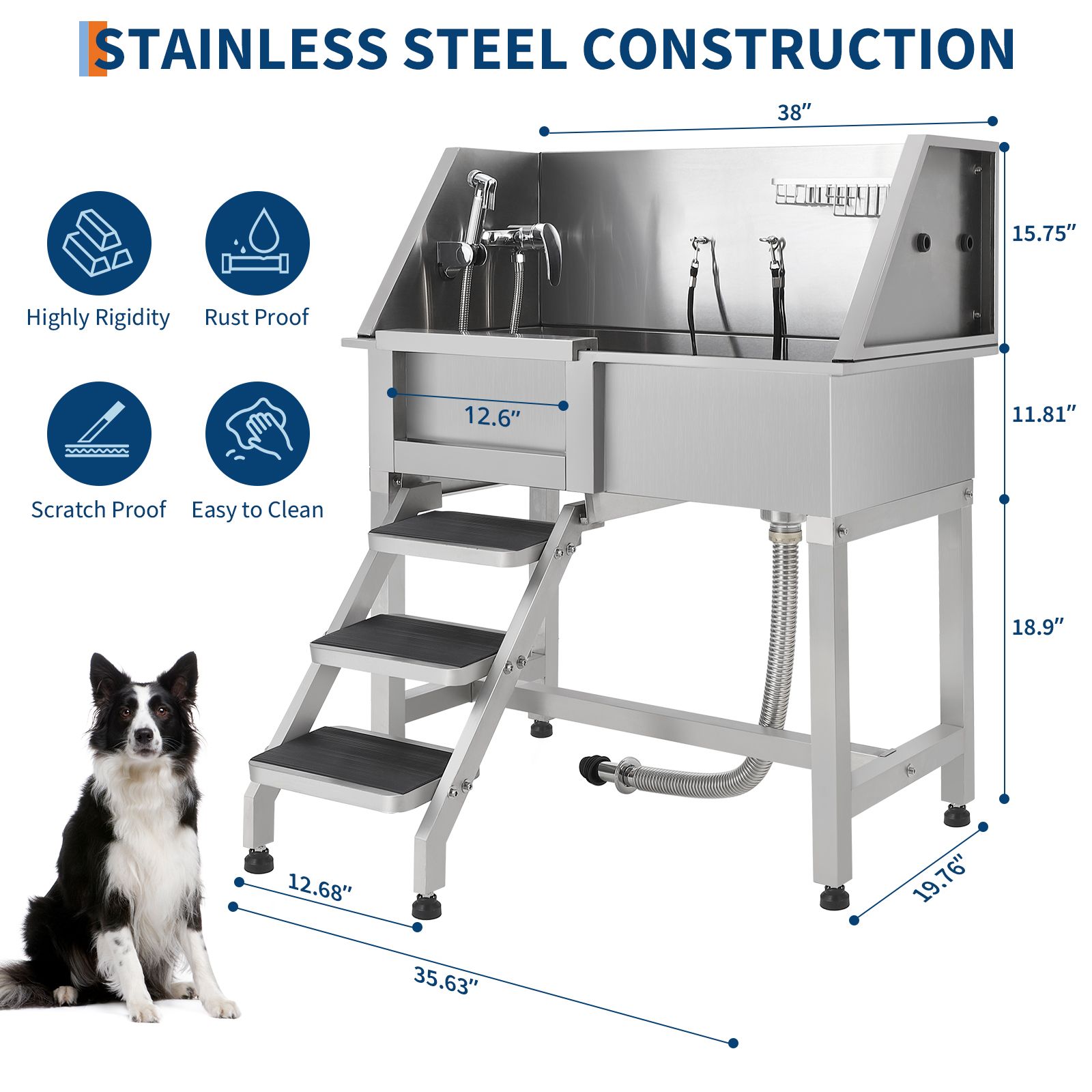 Image of Stainless Steel Professional Pet Grooming Tub, Stairs, Sliding Door, Complete Accessories (faucet, Soap Box, Bath Brush, Gloves), Fits Large/ Medium/ Small , Home & Salon Use