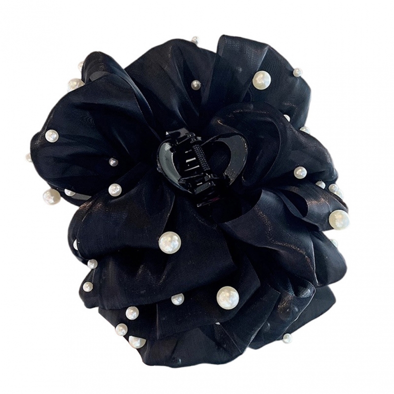 TEMU Large Pearl Mesh Bow Hair Claw Clip, Elegant Tulle Bowknot Shark Clip For Women, Oversized Non-slip Hair Additions For Hair, Sophisticated Updo