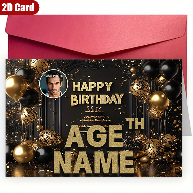 TEMU Custom 2d Flat Greeting Card - 1pc Personalized Name Photo Age Happy Birthday Card With Envelope, High-quality Paper - Suitable For Couples,