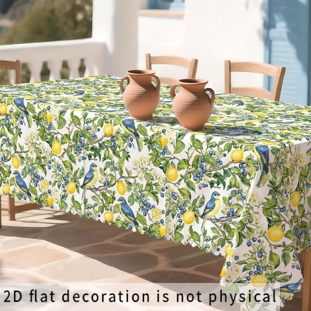 TEMU 1pc Of Fruit-themed Tablecloth, Designed In White And Yellow, Showcasing Lemons, Green Foliage, And Tiny Birds, A Coastal Atmosphere, Ideal For