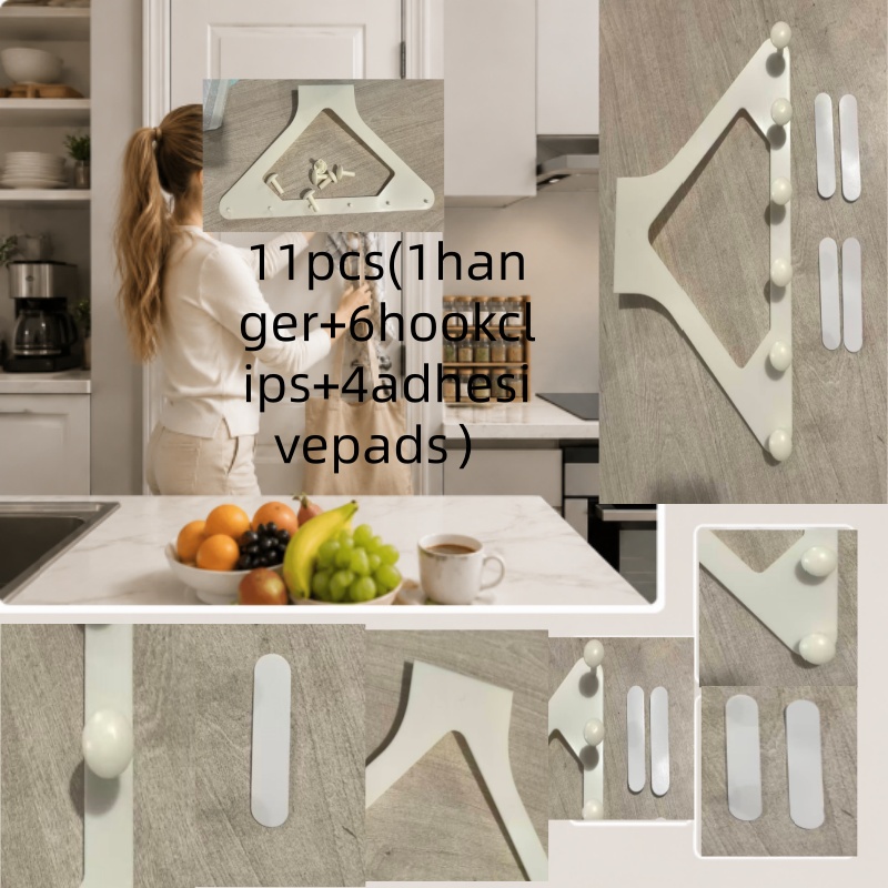 TEMU 11pcs Set (1 Hanger + 6 Hook Clips + 4 Adhesive Pads) Triangular Over-the-door Coat Hook & Storage Rack – No Drilling Required – Suitable For