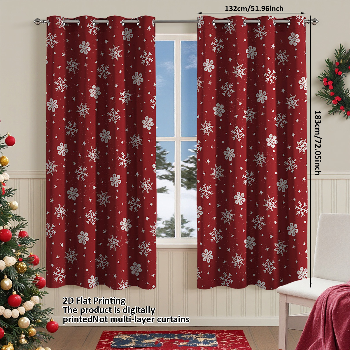 TEMU 2pcs Christmas Curtains - Snowflake Window Drapes, Semi- Filtering Privacy, Machine Washable Window Treatments For Living Room, Bedroom, Holiday