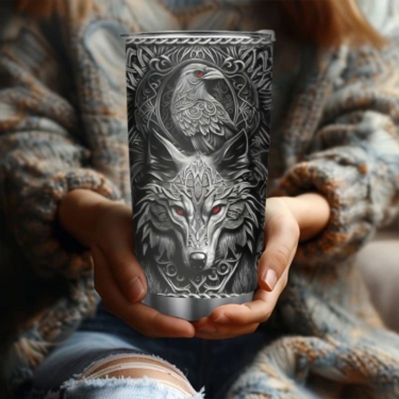Image of 20oz Viking-themed Stainless Steel Travel Mug - Insulated Tumbler With Wolf & Celtic , Drinks Hot Or Cold - Perfect Gift For Men, Birthdays, Christmas, Valentine's Day - Reusable, Hand Wash Only